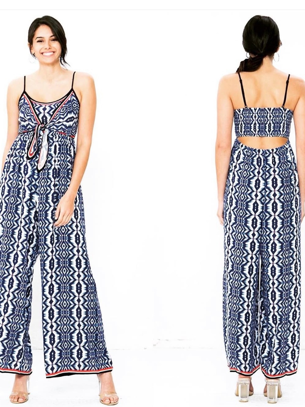 Flying Tomato Navy & White Geometric Tie-Front Jumpsuit